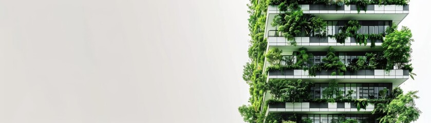 Wall Mural - Modern eco-friendly apartment building with lush green balconies against a minimalistic background highlighting sustainable urban living.