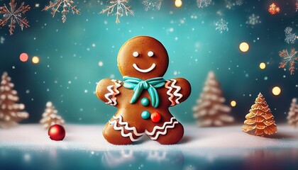 Wall Mural - Christmas greeting card with gingerbread man cookie and snowstor