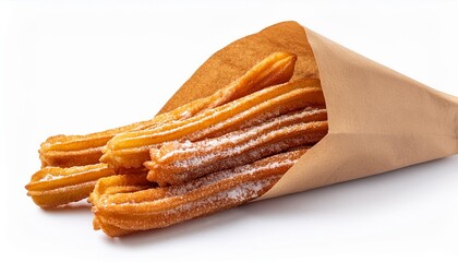 Churro stick in apaper bag. Churro - Fried dough pastry with sugar powder isolated on a white background. Close up