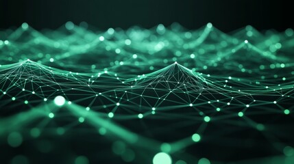 Poster - Data visualization with a green abstract background and lines and dots of different colors. It is rendered in 3D.