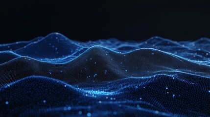 Poster - Polygonal shapes in abstract futuristic technology on dark blue background. Digital design concept. Wave of dots and weave lines. 3D illustration.