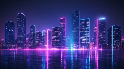 Poster - Blue and pink neon lights illuminate a futuristic cityscape. Advanced skyscrapers illuminate the night.