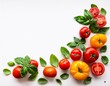 © Nicolas - Creative border made of fresh vegetables, herbs and spices. Various colorful tomatoes and basil leaves isolated on white background. Flat lay. Top view.