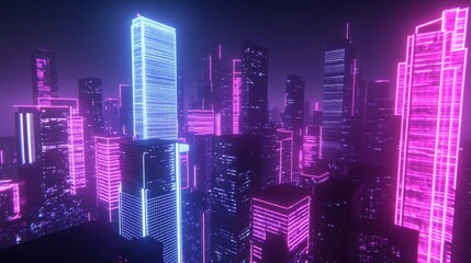 Poster - The cityscape features blue and pink neon lights and advanced skyscrapers at night.