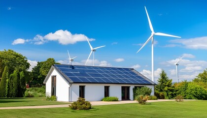 ecofriendly family home with rooftop solar panels and wind turbines in the background set in a lush green landscape under a bright blue sky