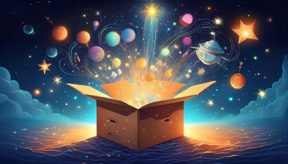 Wall Mural - enchanted cardboard box glowing from within magical items floating out starry night background whims