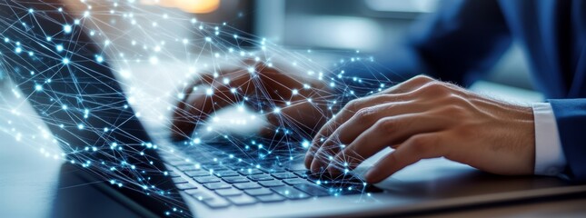 Poster - Technology, computer, internet connection, big data, Internet of Things. Man surfing the internet with a modern computer and futuristic technology background.