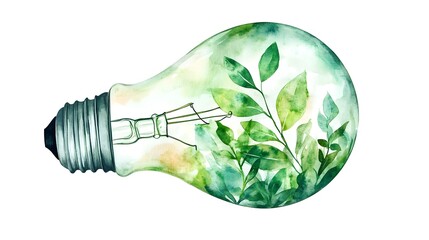 Eco-Friendly Watercolor Light Bulb with Green Leaves on White Background