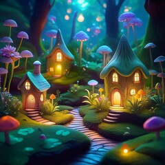 Wall Mural - enchanted fairy garden with miniature cottages bioluminescent plants and tiny magical creatures
