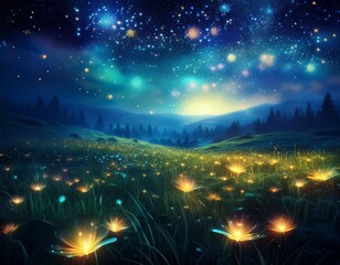Wall Mural - enchanted nocturnal meadow ablaze with bioluminescent fireflies dreamy atmosphere ethereal glow misty landscape starry sky magical realism style