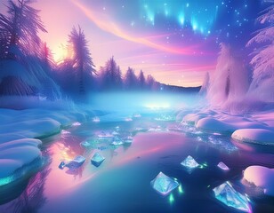 Wall Mural - enchanted winter wonderland with bioluminescent snow crystals ethereal mist and otherworldly ice formations soft dreamy color palette with hints of pastel auroras