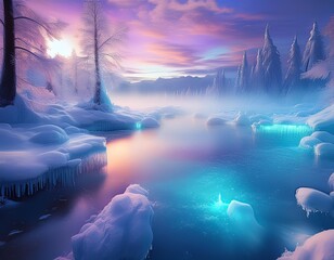 Wall Mural - enchanted winter wonderland with bioluminescent snow crystals ethereal mist and otherworldly ice formations soft dreamy color palette with hints of pastel auroras