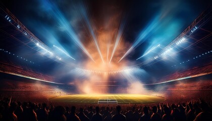 Wall Mural - epic stadium atmosphere brilliant floodlights piercing through billowing smoke creating dramatic lig