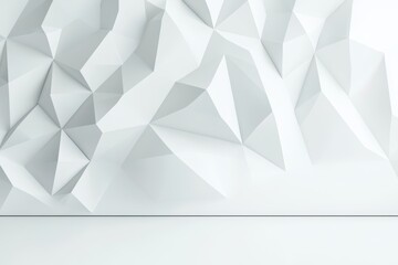 Poster - Abstract stage with light white light and simple geometric shapes, polygons as background, white wood shelf for advertisement, presentation products, design.