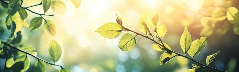 Wall Mural - Tree branches with green foliage in a panoramic view.