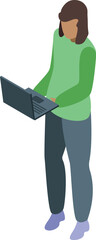 Poster - Young woman is standing and working on a laptop computer