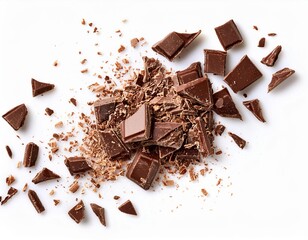 Flying chocolate crumbs pieces isolated on white background. Broken choco crumbs Top view. Flat lay.