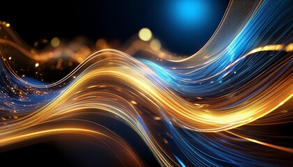 Wall Mural - futuristic abstract composition of gold and blue neon waves dynamic light trails and bokeh effects creating sense of highspeed data transfer and technological advancement