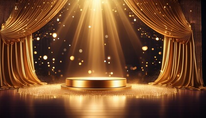 Wall Mural - glamorous awards ceremony elegant stage with golden podium bathed in dramatic spotlight shimmering curtain backdrop and floating particles create an atmosphere of anticipation and prestige