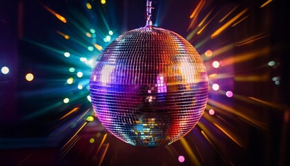 Wall Mural - glamorous disco ball reflecting colorful lights suspended in dark space dynamic composition party atmosphere retro vibes dance floor energy