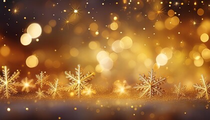 Wall Mural - Golden Christmas bokeh background with snowflake and gold glittering bokeh stars. A shiny holiday card. Abstract Glowing blurred lights