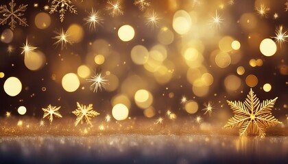 Wall Mural - Golden Christmas bokeh background with snowflake and gold glittering bokeh stars. A shiny holiday card. Abstract Glowing blurred lights