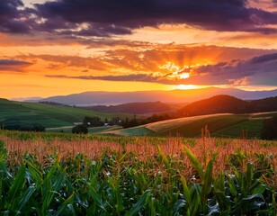 Wall Mural - golden hour over cornfield sun sets behind rolling hills casting warm light on swaying stalks dramat