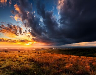 Wall Mural - gorgeous panorama view of the dark overcast sky. dramatic vibrant morning scene at sunrise .