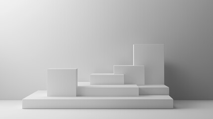 Poster - White geometric shapes arranged on a minimalist display platform against an empty gray wall