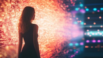 Poster - silhouette of a woman standing in front of an illuminated led wall in 3d animation
