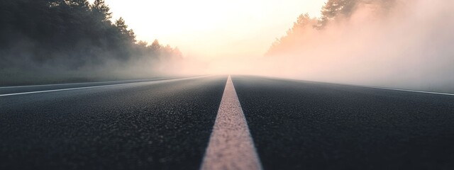 Sticker - An empty country winding road glistens in the early morning fog.