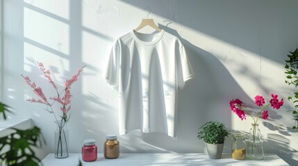 Poster - white t-shirt hanging on a simple hanger in natural light