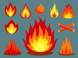 Wall Mural - Cartoon red flame. Fire flames, hot fireball, danger wildfire campfire and bonfire elements, fire frames and flaming borders isolated vector set
