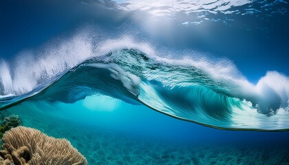 Wall Mural - hyperrealistic underwater scene of breaking wave vibrant aqua hues sunlight refracting through water
