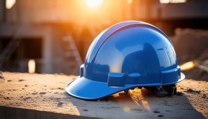 iconic blue safety helmet positioned on rough concrete at a construction site dramatic lighting with warm orange sun flare for contrast