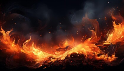Wall Mural - intense fire border with swirling embers and billowing smoke against pitchblack background glowing s