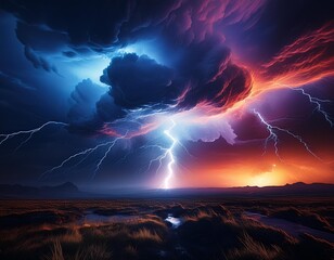 Wall Mural - intense electric arc illuminates stormy night sky jagged bolt striking inky darkness dramatic contra