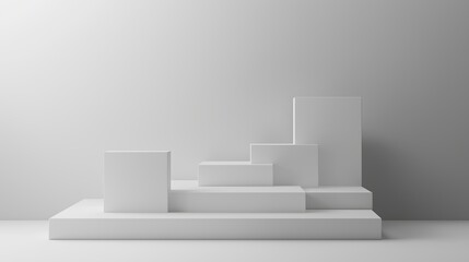 Poster - Modern minimalist display featuring various geometric white blocks arranged on a neutral background in a well-lit studio setting