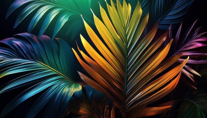 Wall Mural - lush tropical foliage in vivid hues leaves dramatically backlit against inky black background creating exotic jungle illusion