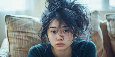 Wall Mural - A close-up portrait of a young woman with messy hair, looking directly at the camera.. asian woman