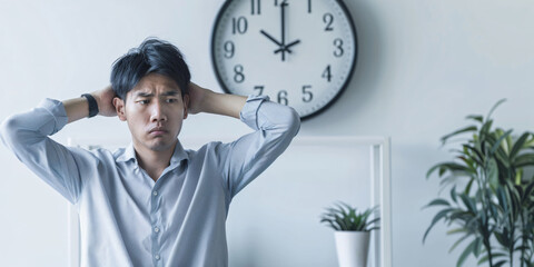 A young man in an office setting is looking frustrated. He is sitting at his desk and holding his head in his hands.. asian man