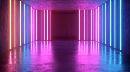 Poster - 3D render of abstract geometric background with glowing neon lines in ultraviolet light, stock image