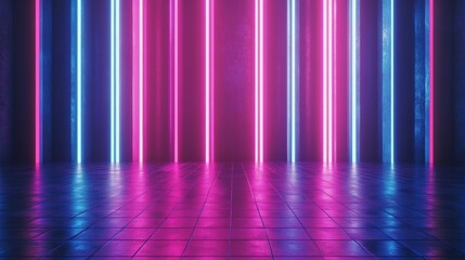 Poster - Abstract neon light background, empty space scene, spotlight, dark night, virtual reality, cyber futuristic sci-fi background, street floor studio for mockup. Colorful geometric shapes.