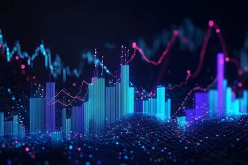 Wall Mural - The concept of stock market expansion, business investment, and data analysis is depicted against a dark blue blurred background.