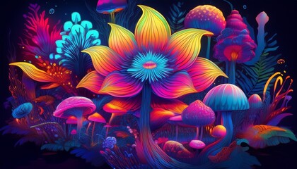 Wall Mural - psychedelic botanical wonderland neon blooms retrofuturistic patterns kaleidoscopic colors vintage scifi flora