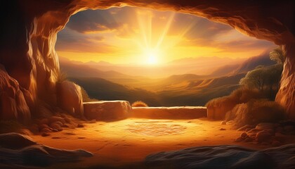 Wall Mural - radiant scene of empty tomb at sunrise symbolizing resurrection golden light bathes rocky landscape 