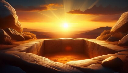 Wall Mural - radiant scene of empty tomb at sunrise symbolizing resurrection golden light bathes rocky landscape 