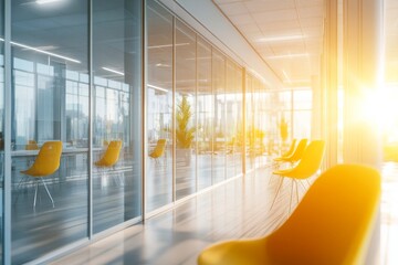 Poster - Beautiful blurred background of a light and modern office interior with panoramic windows and beautiful lighting.