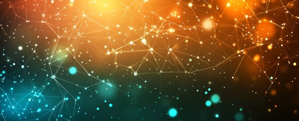 Poster - Abstract blue technology background with a grid of cyber networks and connected particles. Digital brains, global data connections - Stock image