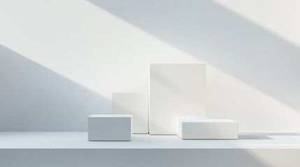 Poster - White geometric shapes arranged on a minimalist table illuminated by sunlight in a modern indoor space